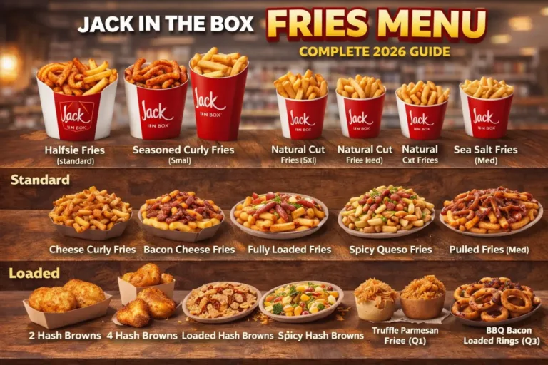 Jack in the Box Halfsie Fries menu featuring curly fries, natural cut fries, and loaded fries options