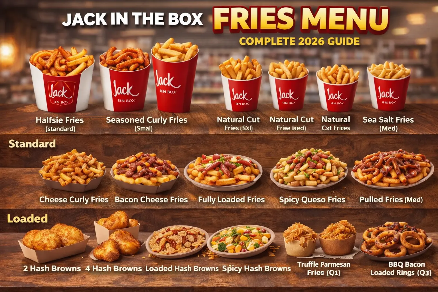 Jack in the Box Halfsie Fries menu featuring curly fries, natural cut fries, and loaded fries options