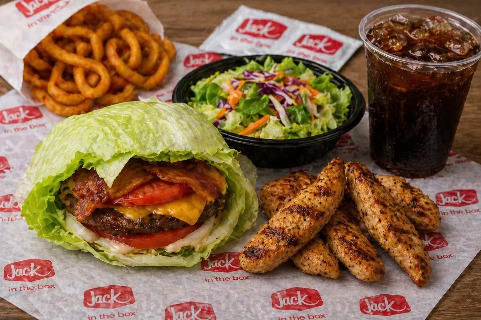 Jack in the Box lettuce-wrapped burger meal with fries and drink