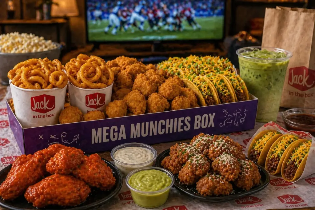 Jack in the Box Game Day Munchies Menu with Mega Munchies Box, wings, tacos, fries and dipping sauces