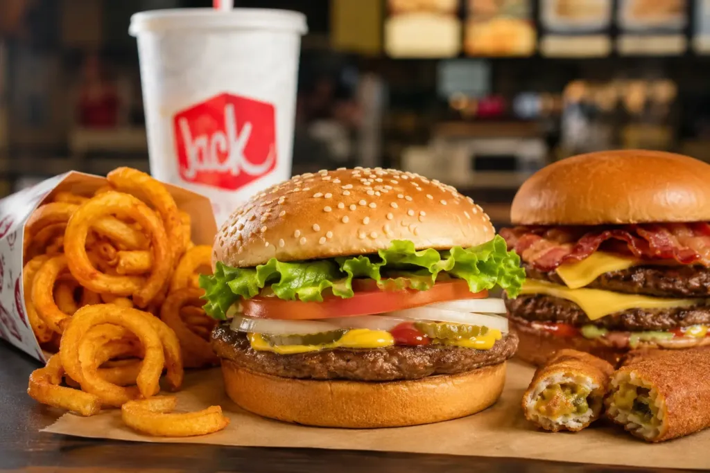 Realistic close-up of fast food burger combos featuring a cheeseburger, curly fries, and a drink in a restaurant setting, representing a Jack in the Box style meal