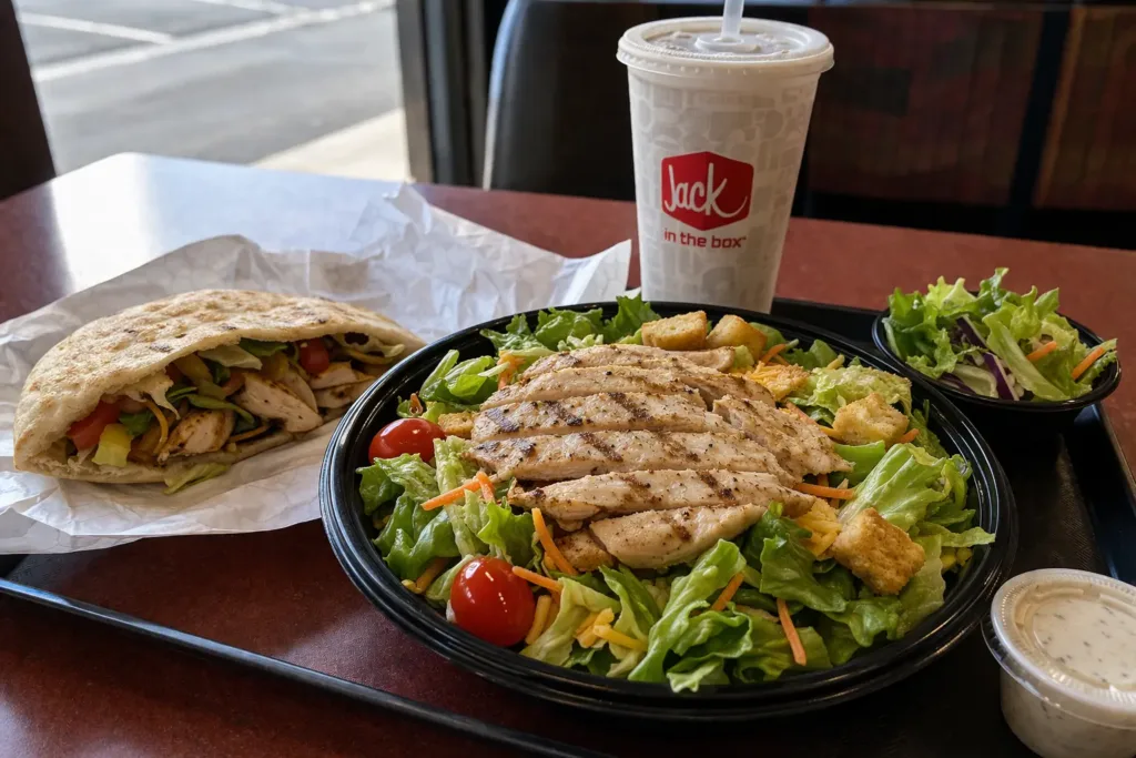Jack in the Box lighter options meal featuring grilled chicken salad, chicken fajita pita, side salad, and drink on a restaurant table