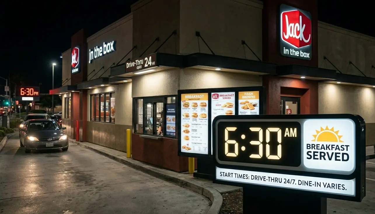 Jack in the Box restaurant at night with cars in the drive-thru lane and a digital sign reading 6:30 AM Breakfast Served.