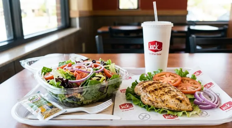 Jack in the Box gluten-free meal with bunless burger, grilled chicken, side salad, apple bites, and coffee