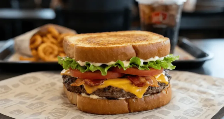 Jack in the Box Sourdough Jack burger with bacon, cheese, tomatoes, and lettuce served on branded paper with curly fries and a drink.
