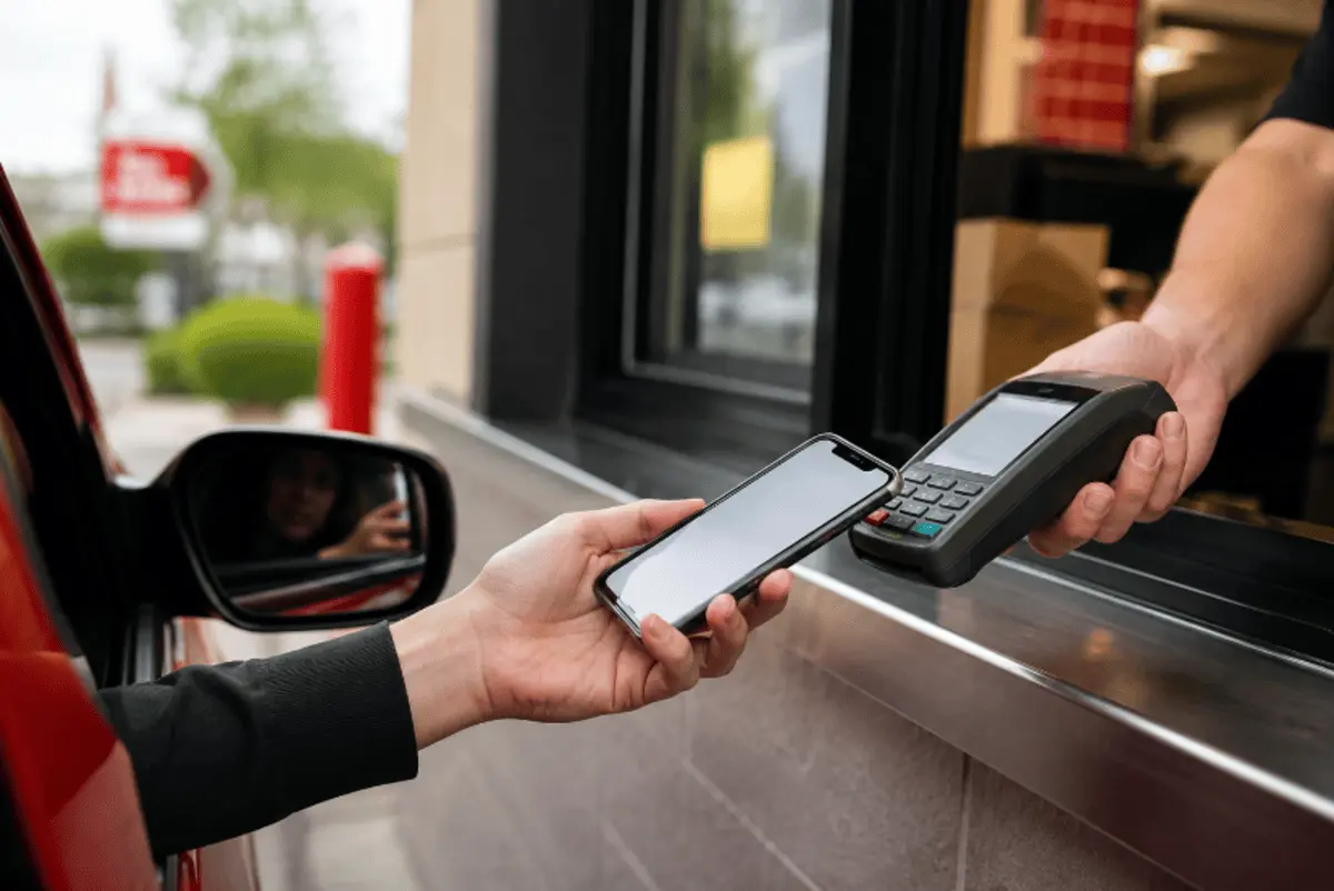 Man paying at Jack in the Box drive-thru using Apple Pay on smartphone with contactless payment terminal