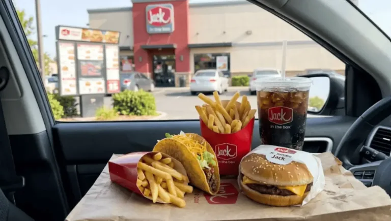 Jack in the Box $5 Big Deal Meal sitting on a brown paper bag inside a car, featuring a Jr. Jumbo Jack cheeseburger, a classic taco, small French fries, and a value-sized fountain drink with a Jack in the Box restaurant in the background.