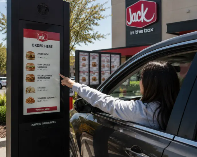 Customer ordering food at a Jack in the Box drive-thru or self-service kiosk