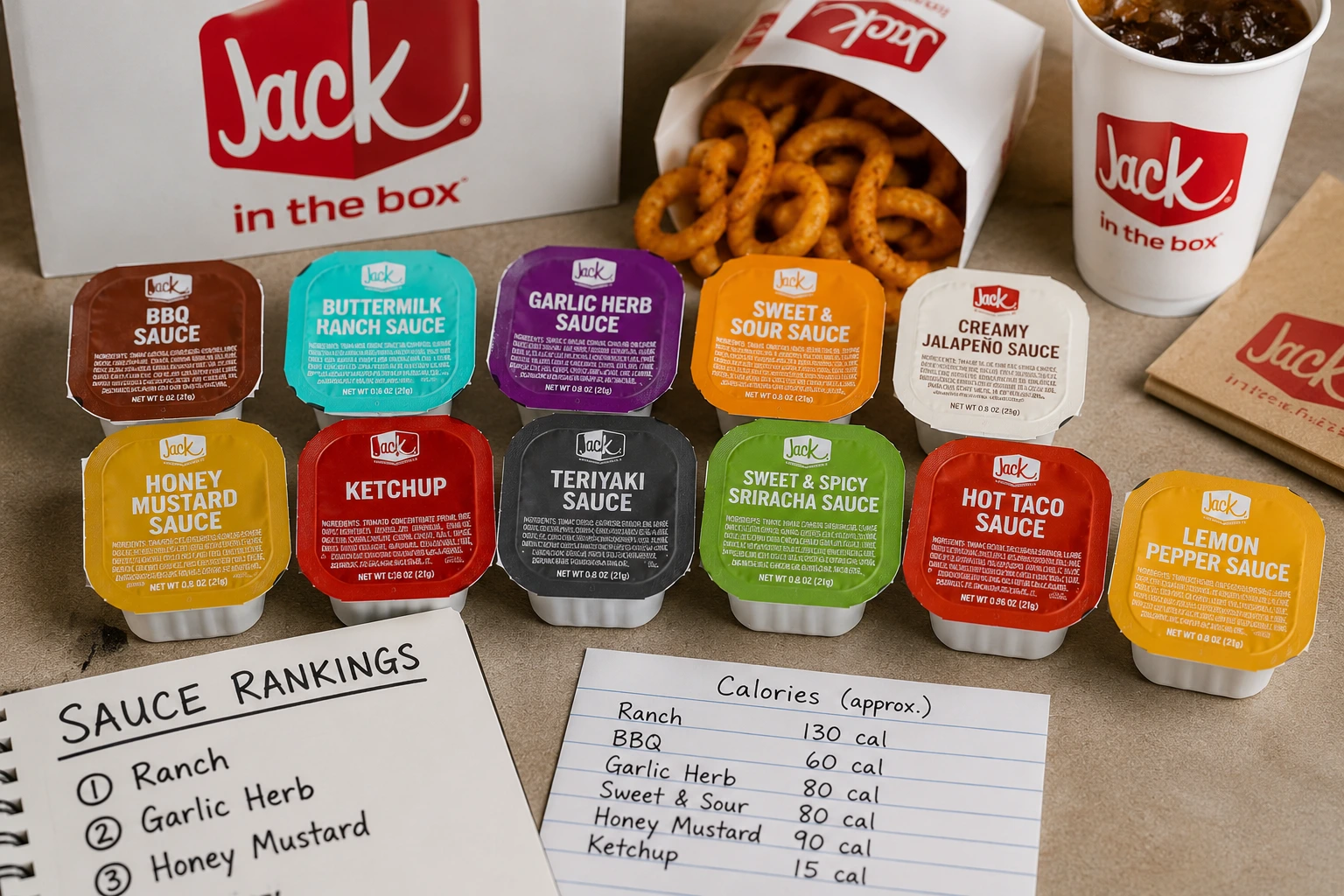 Jack in the Box dipping sauces arranged together with curly fries and a soft drink on a restaurant table