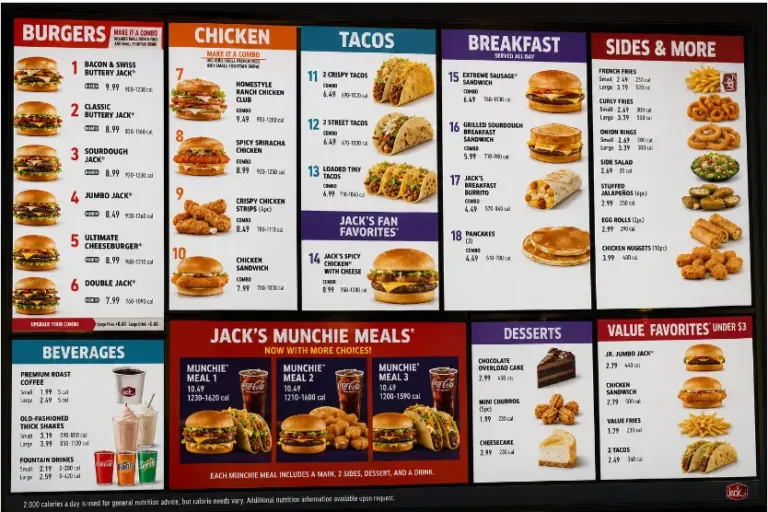 Jack in the Box full menu board showing burgers, tacos, breakfast, and sides