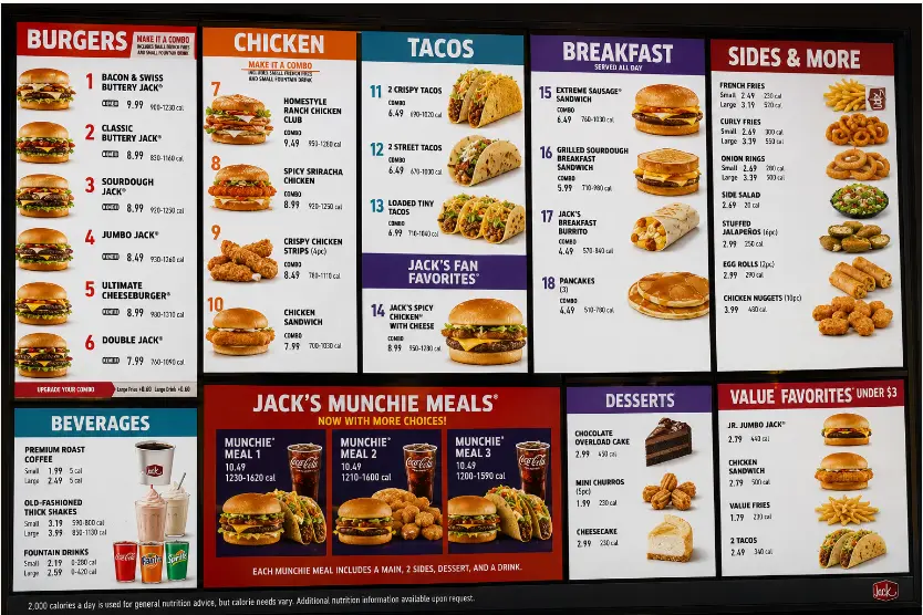 Jack in the Box full menu board showing burgers, tacos, breakfast, and sides