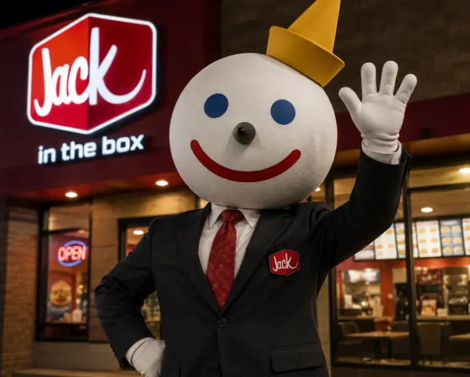 Jack in the Box mascot Jack in his signature suit and round white head