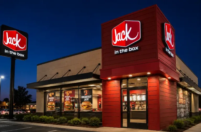 Jack in the Box restaurant exterior at night with the illuminated logo sign, drive-thru entrance, and brightly lit storefront.