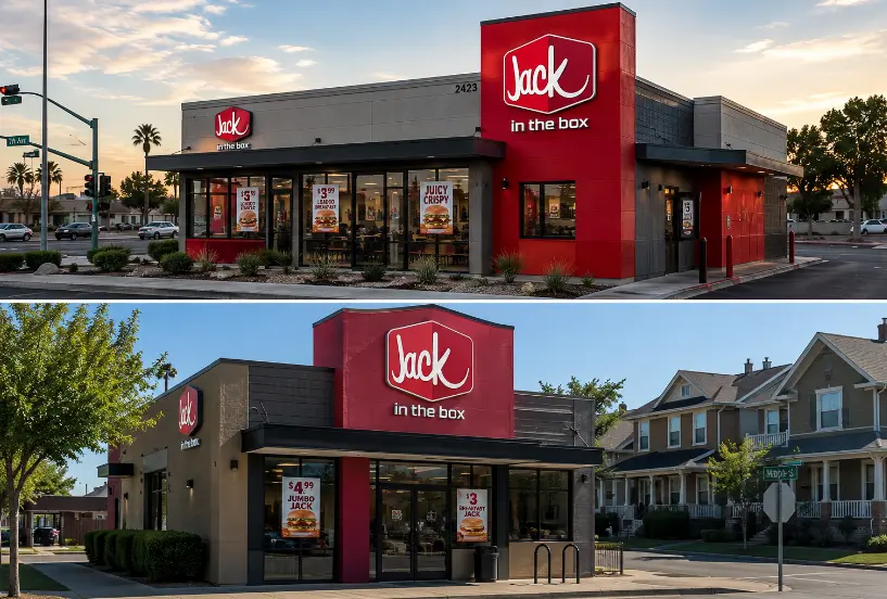 Two different Jack in the Box restaurant locations in separate neighborhoods