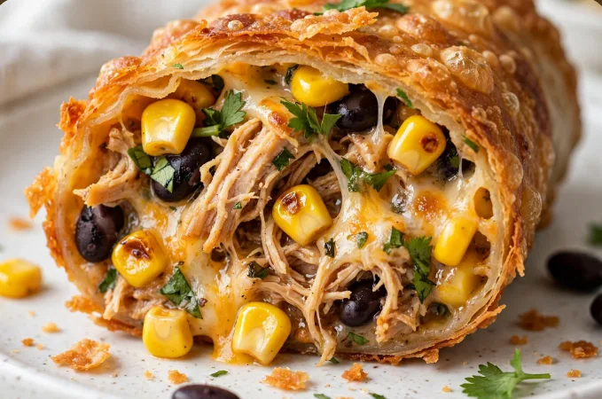 Close-up cross section of Mini Chimi Bang Bangs showing shredded chicken corn black beans Southwest filling