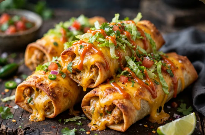 Sauced and Loaded Mini Chimi Bang Bangs topped with cheddar cheese shredded lettuce and taco sauce