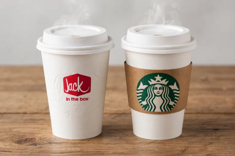 Starbucks latte and Jack in the Box iced coffee side by side for price comparison
