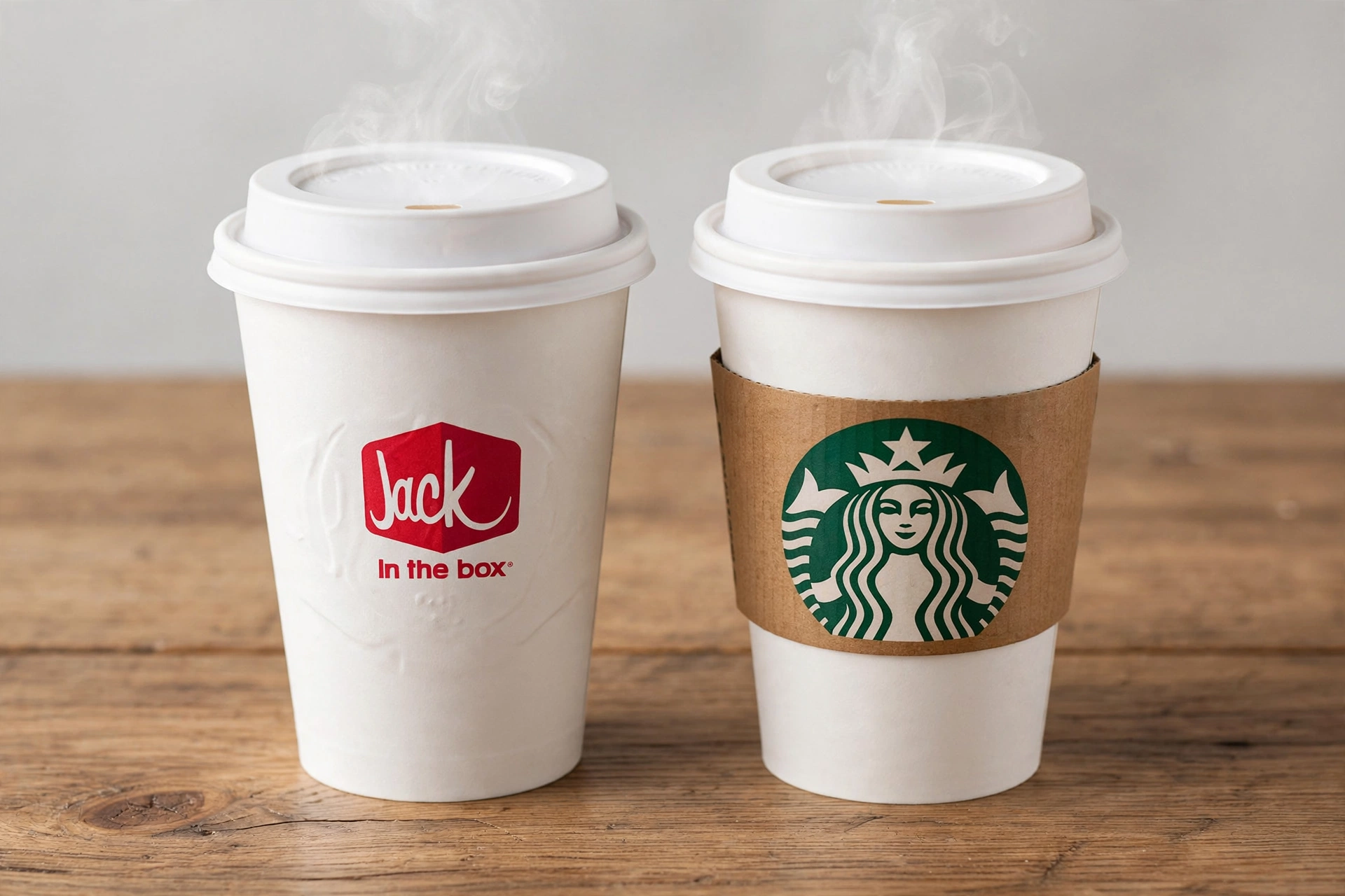 Starbucks latte and Jack in the Box iced coffee side by side for price comparison