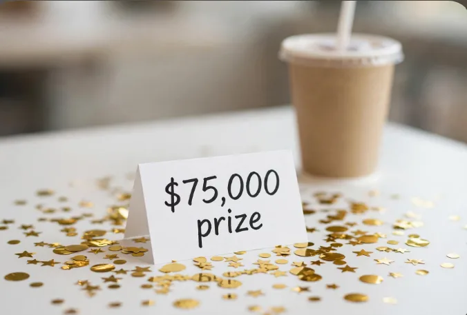 Jack in the Box 75000 dollar giveaway prize concept with gold confetti and drink cup