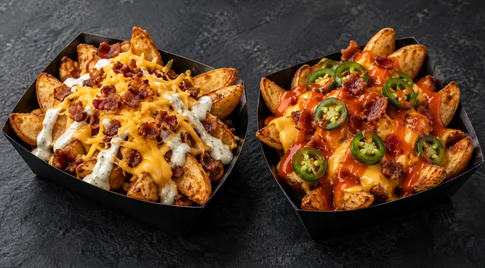 Classic loaded potato wedges with cheddar cheese sauce, ranch, and bacon crumbles