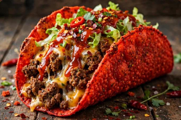 Angry Monster Taco with red crunchy shell topped with spicy beef cheese lettuce and chili flakes at Jack in the Box