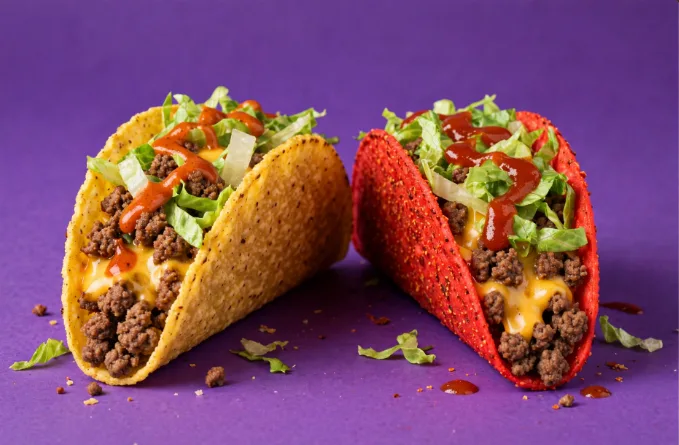 Angry Monster Taco vs Monster Taco side by side comparison - regular crunchy shell vs red spicy shell at Jack in the Box