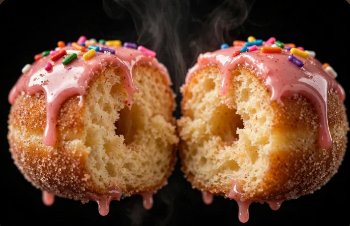 Inside texture of warm Forbidden Dohnut Hole cut open showing fluffy cake and cinnamon sugar