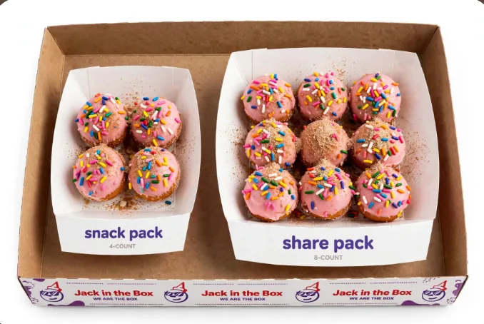 Jack in the Box Dohnut Holes snack pack 4 count vs share pack 8 count size comparison
