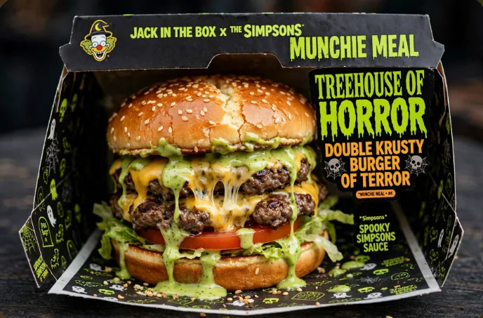Double Krusty Burger of Terror with Spooky Simpsons Sauce in Treehouse of Horror Munchie Meal box 2026