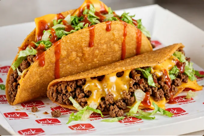 Two Monster Tacos at Jack in the Box with regular crunchy shell, seasoned beef cheese lettuce and taco sauce