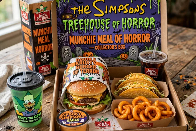 Jack in the Box Simpsons Munchie Meal of Horror full box with tacos curly fries drink and glow cup 2026