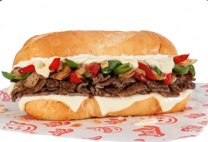 Jack in the Box Philly Cheesesteak with seasoned shaved steak, Swiss-style cheese, grilled onions and peppers and mayo on toasted hoagie roll