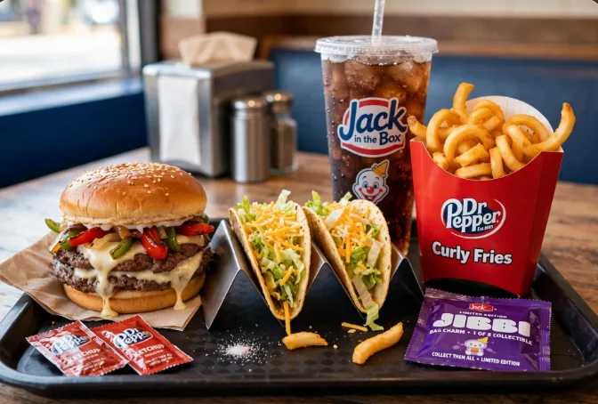 Jack in the Box Philly Munchie Meal with Philly-Style Double Bonus Jack, two tacos, curly fries, drink and Jibbi collectible bag charm