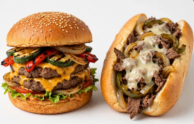 Difference between Philly-Style Double Bonus Jack burger with beef patties and Philly Cheesesteak with shaved steak on hoagie roll