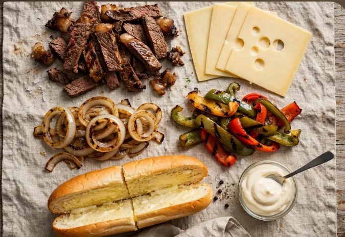 Close-up of Jack in the Box Philly Cheesesteak ingredients showing shaved steak, melted Swiss cheese, grilled onions and peppers
