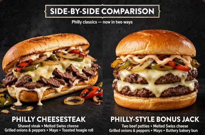 Jack in the Box Philly Cheesesteak vs Philly-Style Bonus Jack comparison - shaved steak on hoagie roll vs beef patty on bakery bun