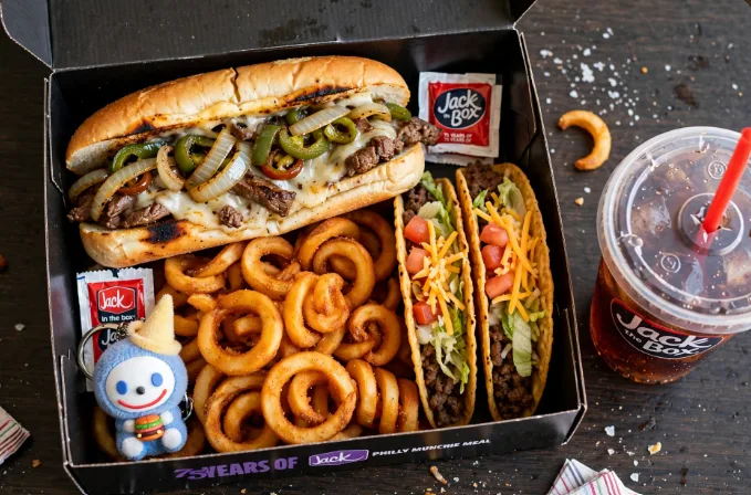 Jack in the Box Philly Munchie Meal upgraded to Philly Cheesesteak with 2 tacos, curly fries, drink and Jibbi collectible