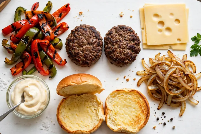 Philly-Style Double Bonus Jack ingredients including seasoned beef patties, Swiss-style cheese, grilled onions, grilled peppers, mayo and buttery bakery bun