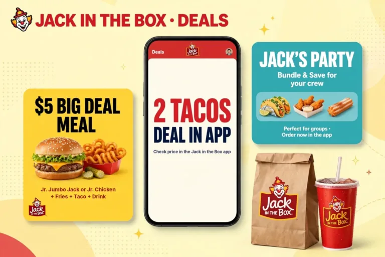 Jack in the Box deals guide showing the $5 Big Deal Meal, 2 Tacos deal in the app, and Jack's Party bundle