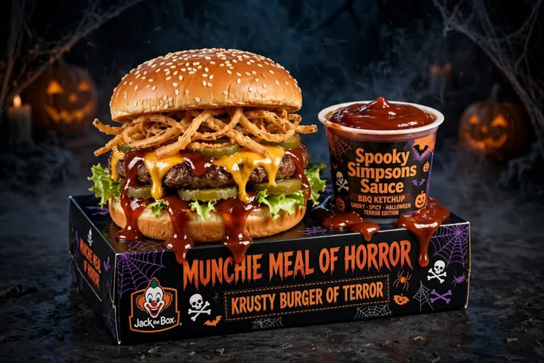 Krusty Burger of Terror with Spooky Simpsons Sauce BBQ ketchup and Munchie Meal of Horror box